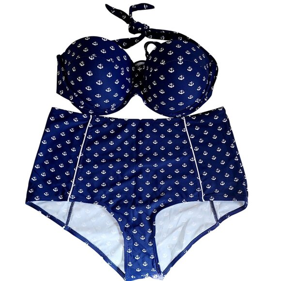 Bikini Set Navy Anchor Print High-Waist Bottom Halter Top Vintage Inspired Retro - Picture 1 of 12